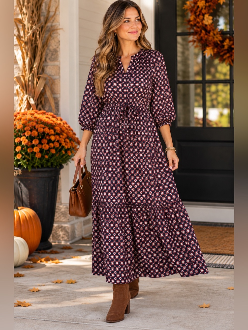 Draper James Navy Floral Print Tiered Maxi Dress Puff Sleeve Size L